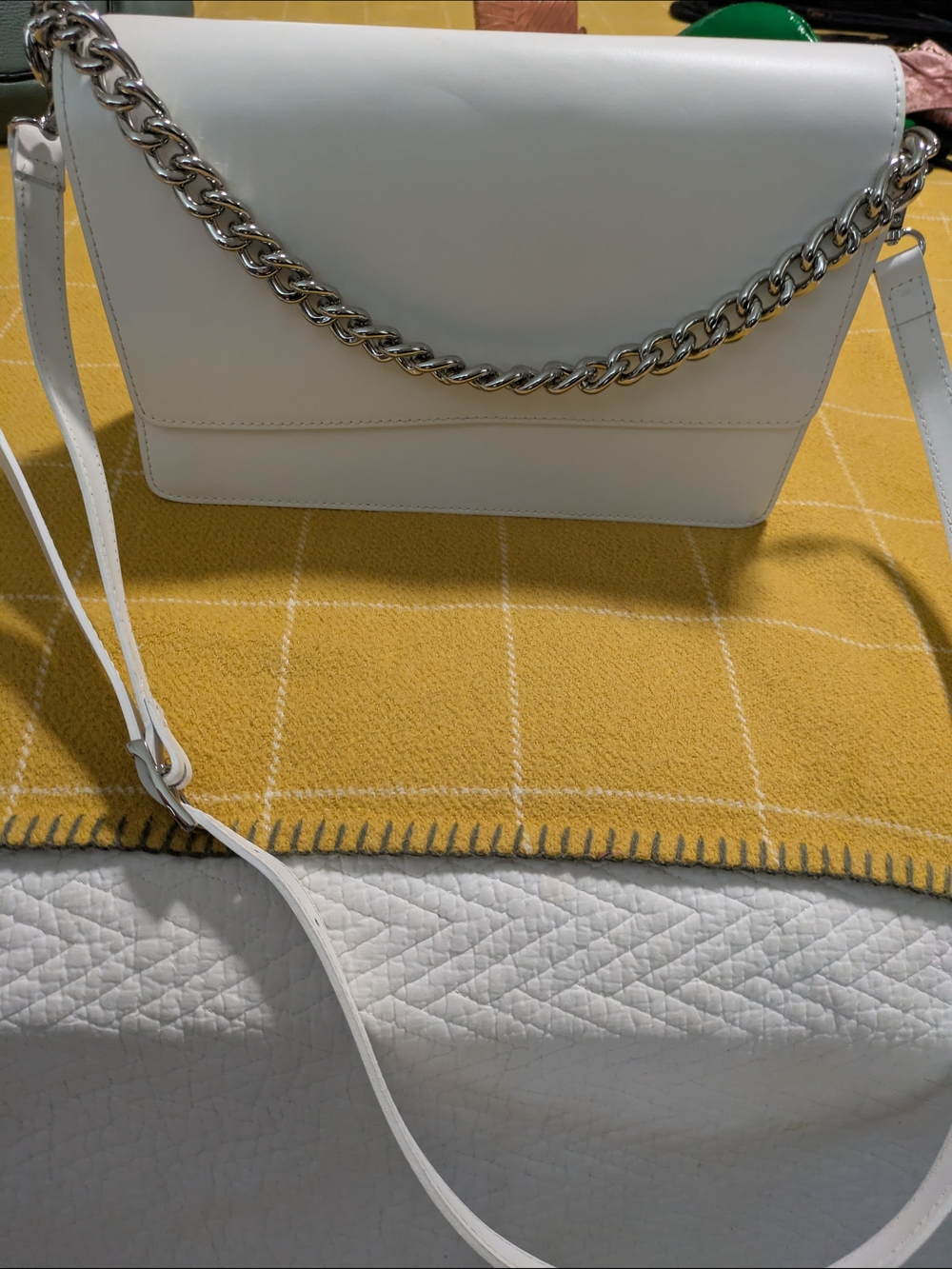 Elegant White ITALIAN Leather Crossbody with Silver Chain Accent
